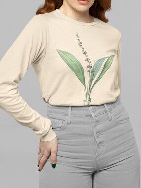 Purple-Flowered Peliosanthes Floral Print Long Sleeve Graphic Tee T-shirt S-XXL